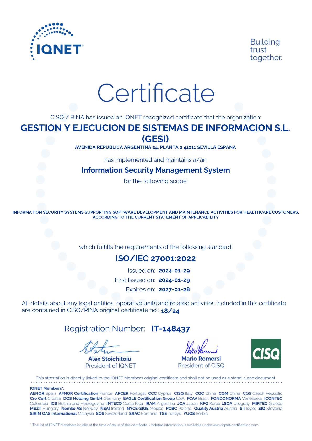 Vista previa del certificado ISO 27001