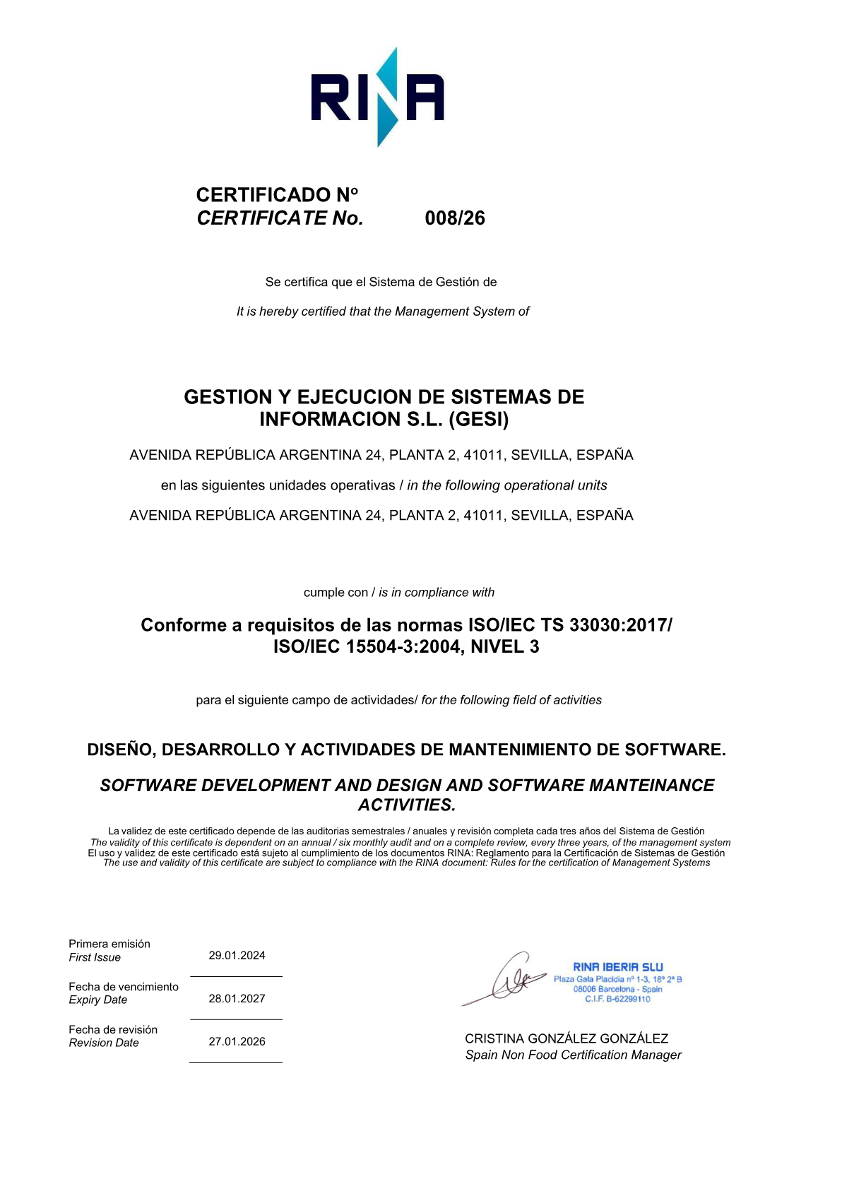 Vista previa del certificado ISO/IEC 33000